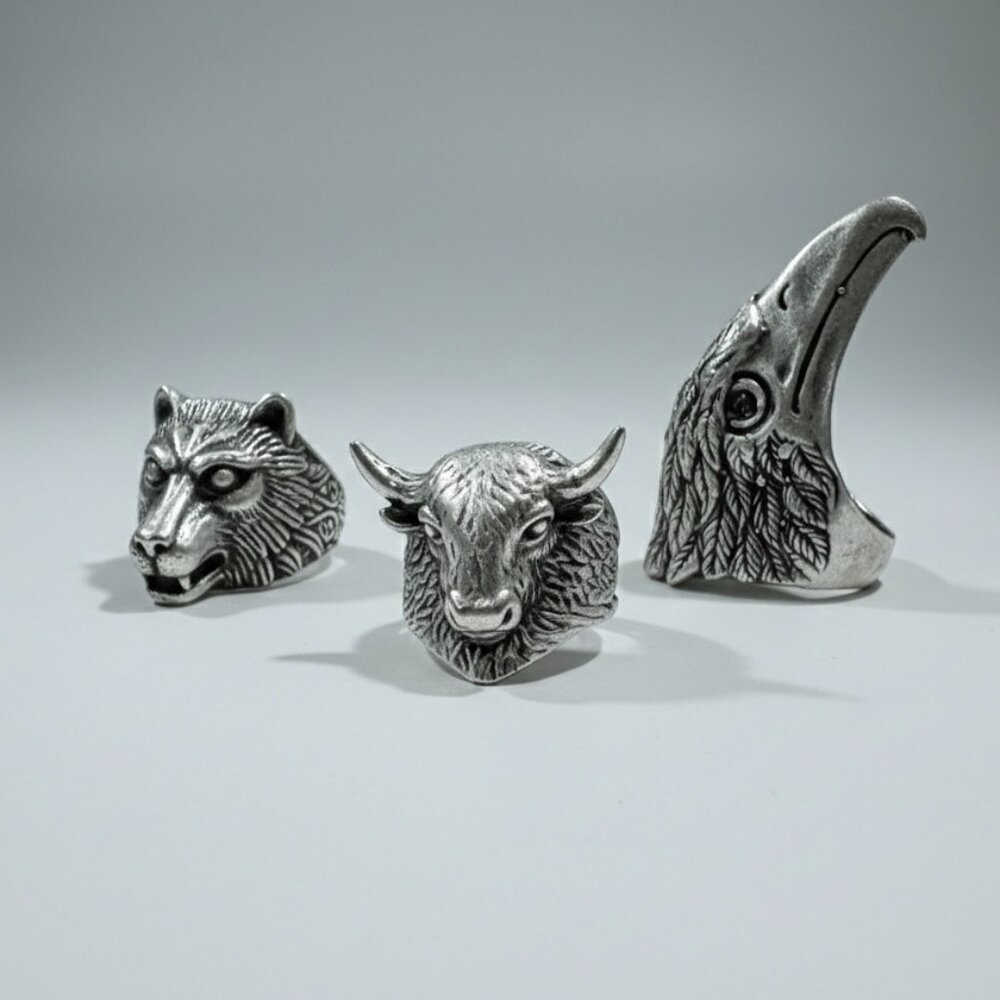 Antique Silver Animal Ring: Adjustable Animal Head Ring, Boho Chic Jewellery